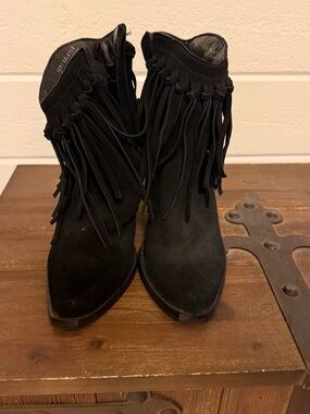 Very Volatile Black Suede Fringe Ankle Boots